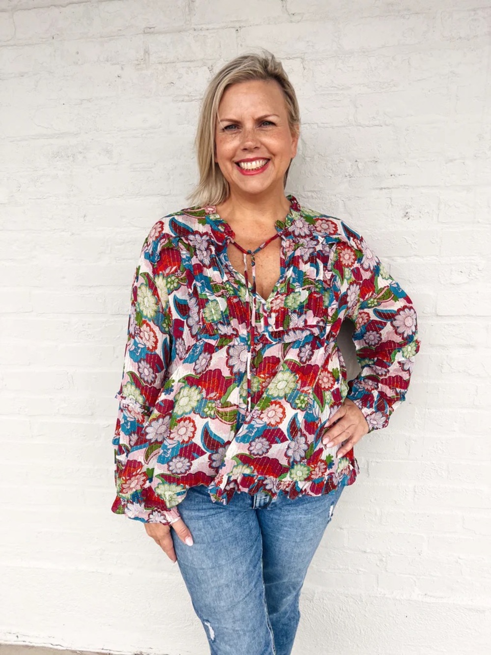 Ivy Jane Multicolor Shimmer Striped Long Sleeve Blouse S Bohemian Western Chic